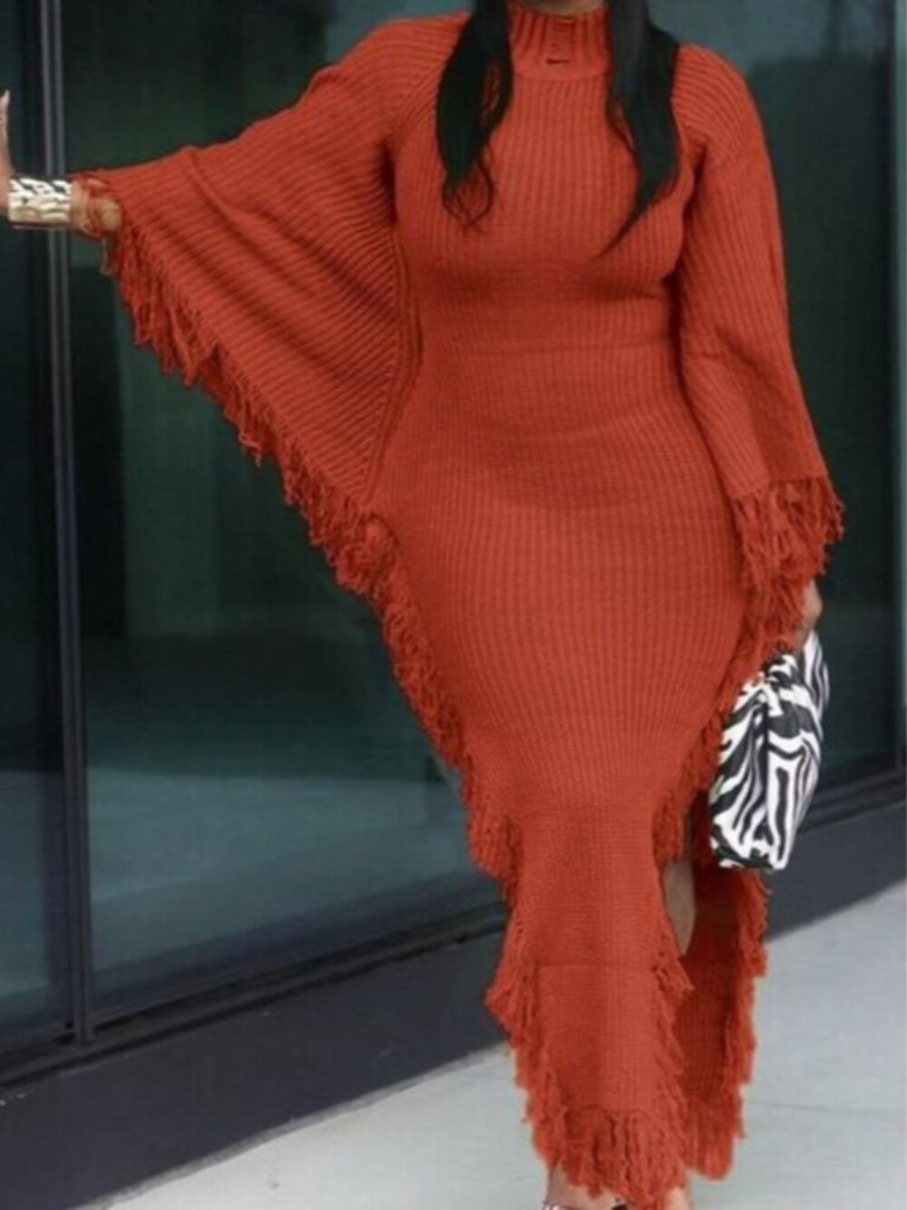 Rust Brown Casual Women's Fringe Trim Batwing Sweater maxi Dress